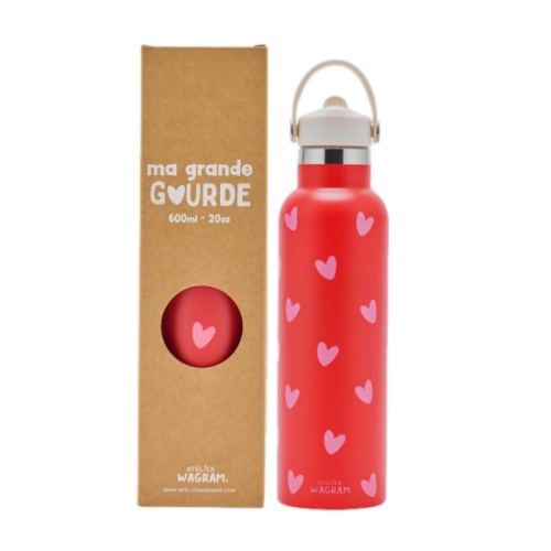 Les Petits Marmots | Gourde acier isotherme 600ml - Rouge coeurs roses