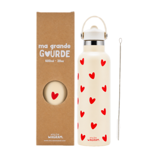 Les Petits Marmots | Gourde acier isotherme 600ml - Crème coeurs rouges