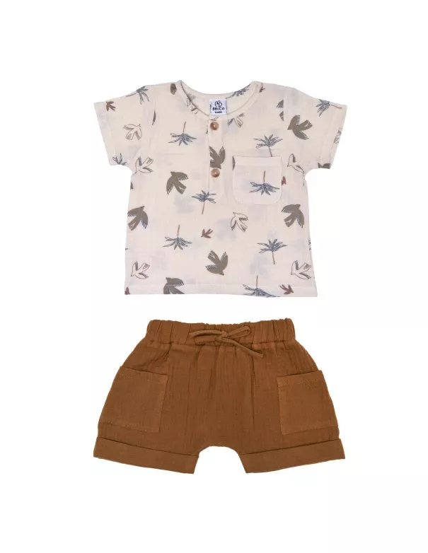 Les Petits Marmots | Ensemble garçon top manches courtes et short palmiers/oiseaux et havane 