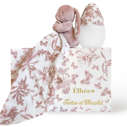 Les Petits Marmots | Coffret Elhée biberon + doudou - Tartine & Chocolat "Toile de Jouy" Terracotta