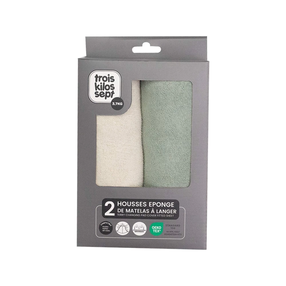 Les Petits Marmots | Set de 2 housses de matelas à langer en éponge - Sable & vert