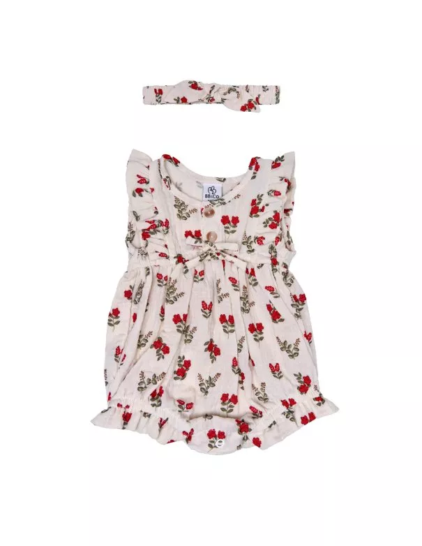 Les Petits Marmots | Set barboteuse et bandeau - Fleurs rouges