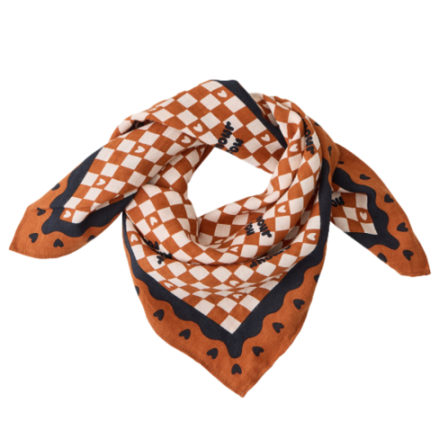 Les Petits Marmots | Foulard Amour fou - Fond marron/ coeur beige et noir