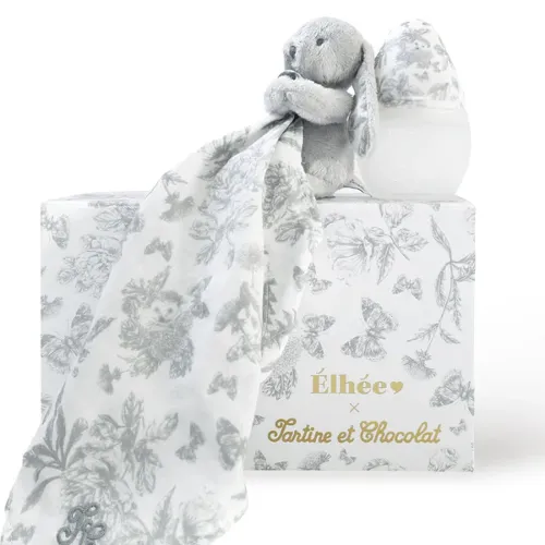 Les Petits Marmots | Coffret Elhée biberon + doudou - Tartine & Chocolat "Toile de Jouy" Gris