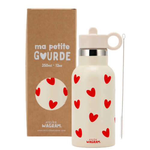 Les Petits Marmots | Gourde acier inoxydable - Crème coeurs rouges