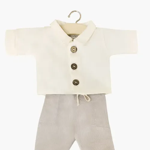 Les Petits Marmots | Gordis - Ensemble pantalon Samy en milleraies galet et chemise écru