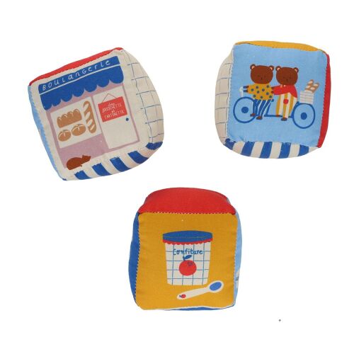 Les Petits Marmots | Set de 3 cubes d'éveil en tissus - Petit déj