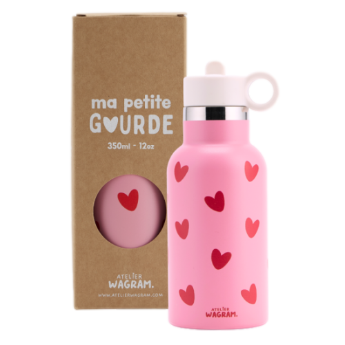 Les Petits Marmots | Gourde acier inoxydable - Rose coeurs rouge