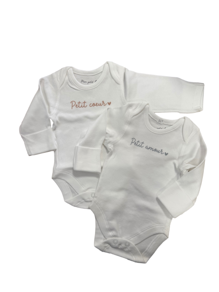 Les Petits Marmots | Set de 2 bodys manches longues Petit coeur et Petit amour - 1 mois